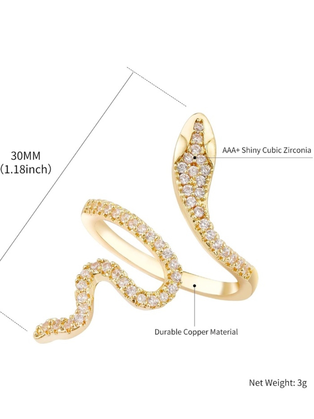 Gold Rhinestone Snake Ring - Picture 3 of 4